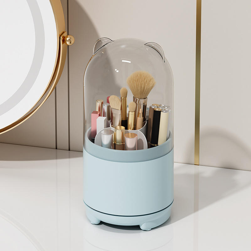 360° Rotating Makeup Brush Organizer with Lid - Transparent Dustproof Holder