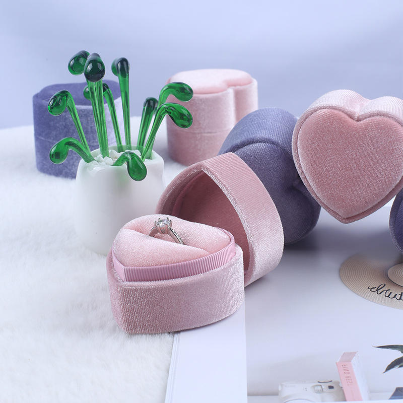 Heart-Shaped Flocked Jewelry Box - Luxury Ring Case for Proposals and Weddings