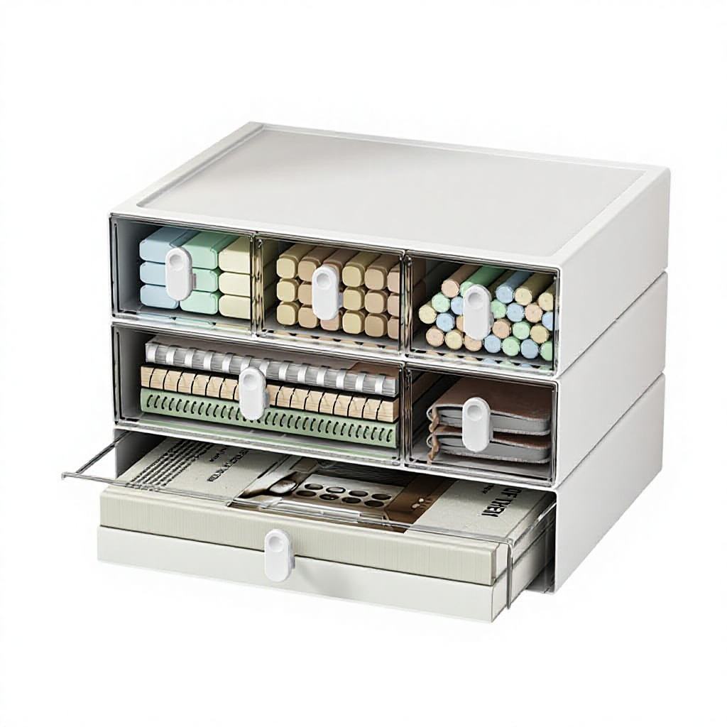 Transparent Drawer-Type Desktop Organizer with Pen Holder, 23 x 17 x 8 cm