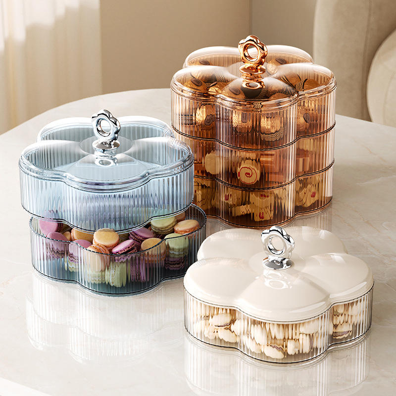 3-Layer Flower-Shaped Plastic Storage Box with Lid, 17.5 x 17.5 x 15 cm