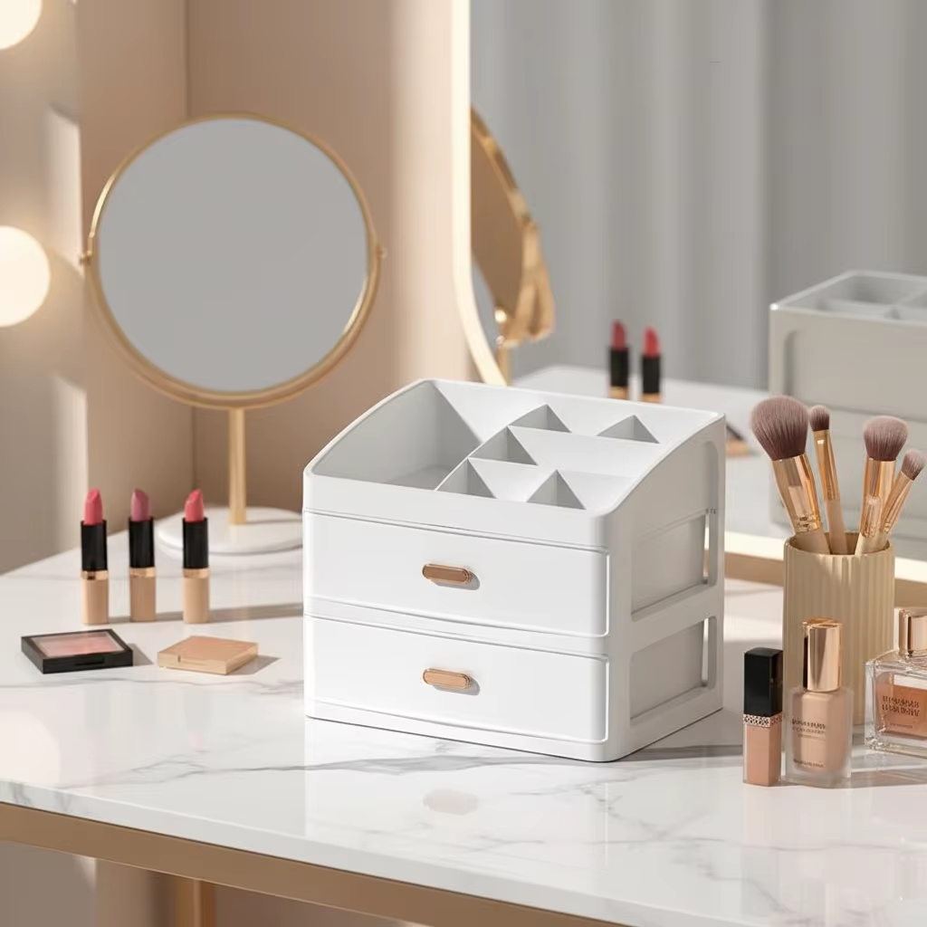 Desktop Storage Box with Transparent Drawers - Cosmetic and Cable Organizer