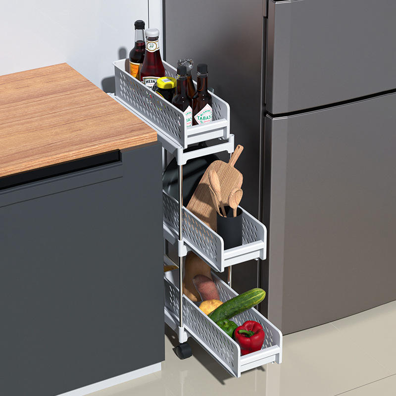Pull-Out Kitchen Floor Storage Rack - 4-Layer PP Gap Shelf for Cutlery