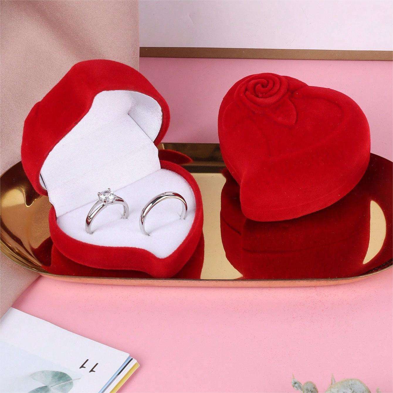 Rose Flower Heart-Shaped Double-Ring Flocked Jewelry Gift Box