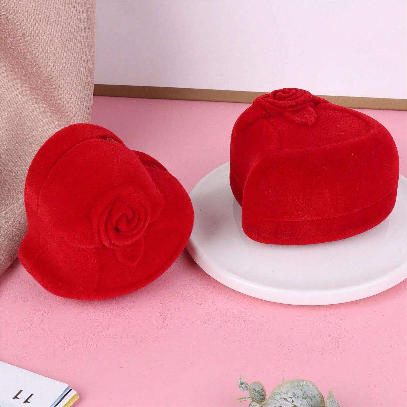 Rose Flower Heart-Shaped Double-Ring Flocked Jewelry Gift Box