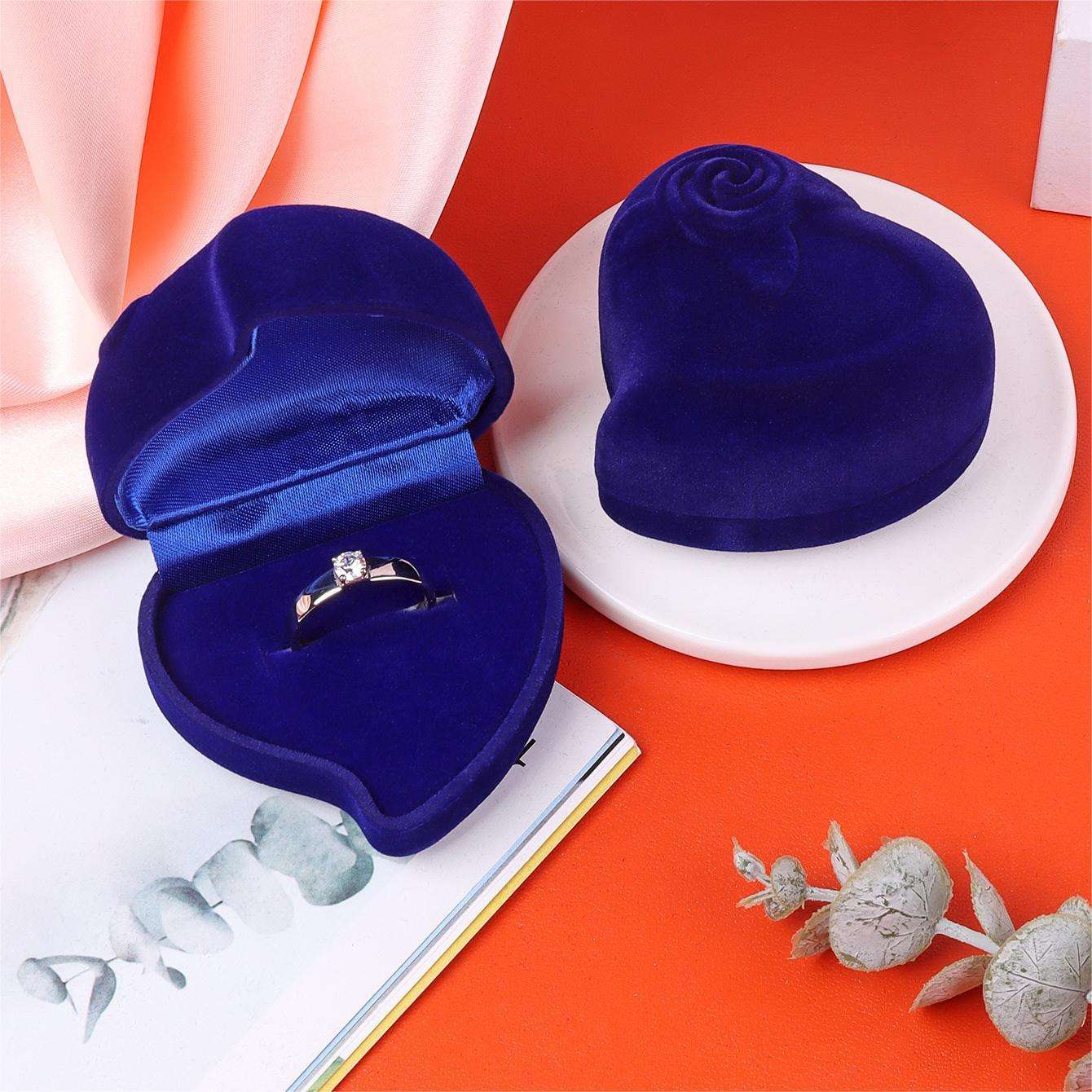 Rose Flower Heart-Shaped Double-Ring Flocked Jewelry Gift Box