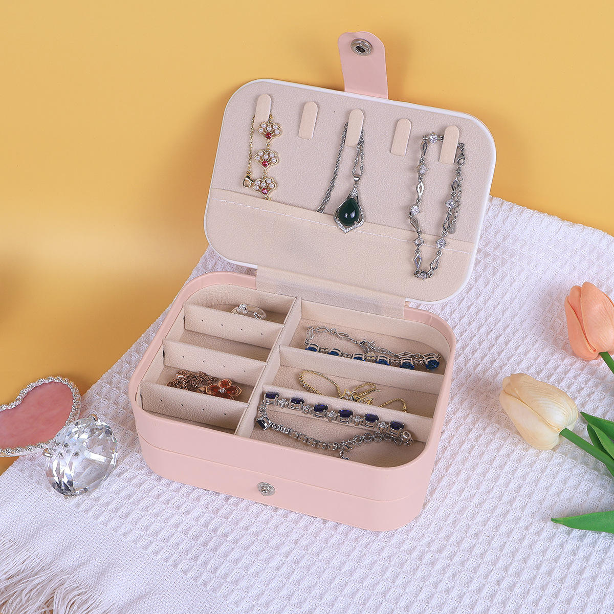 Luxury Pink Double-Layer PU Leather Travel Jewelry Box for Earrings and Bracelets