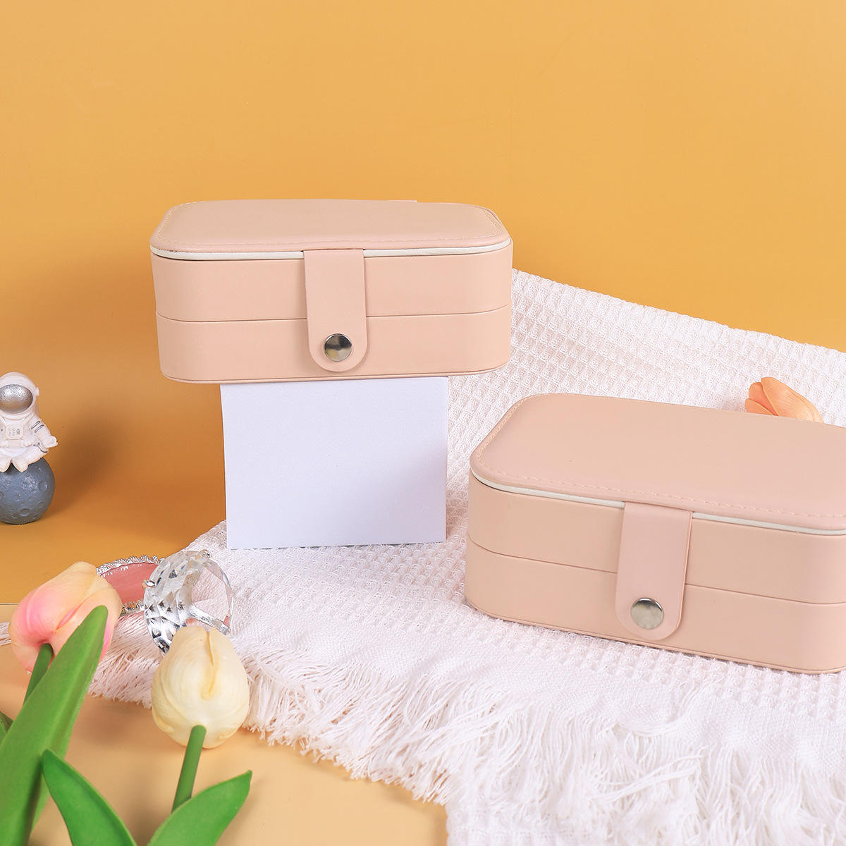 Luxury Pink Double-Layer PU Leather Travel Jewelry Box for Earrings and Bracelets