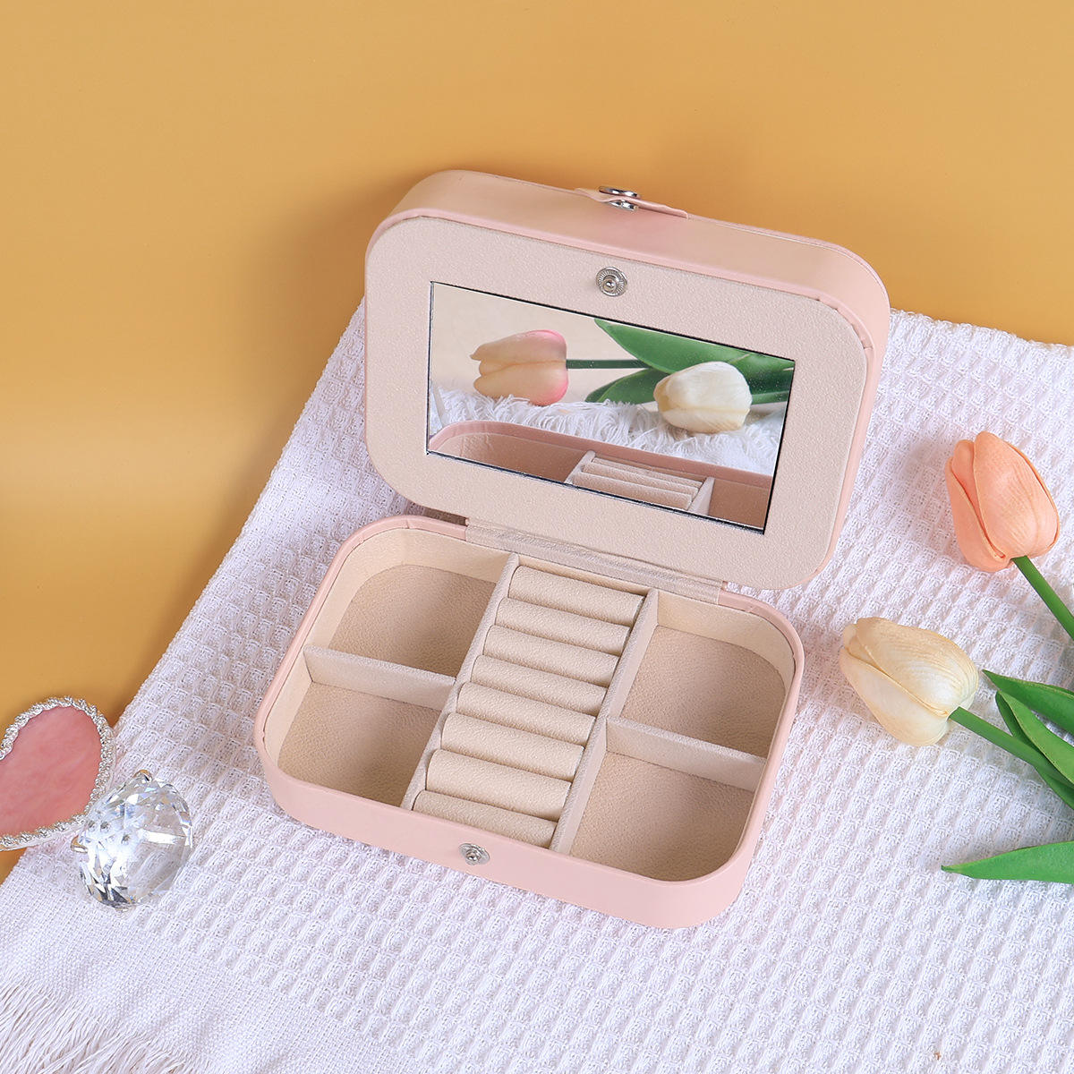 Luxury Pink Double-Layer PU Leather Travel Jewelry Box for Earrings and Bracelets