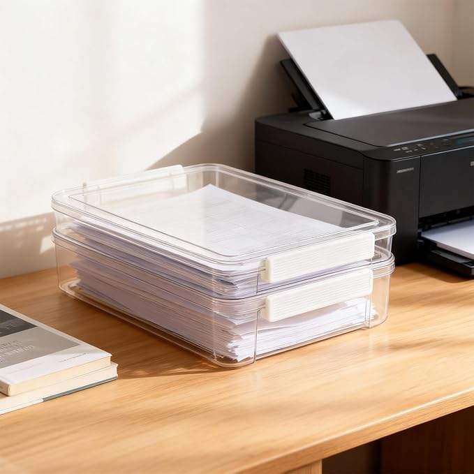 Stackable Transparent PET Office Box with Locking Lid, 34.7 x 23.4 x 6.5 cm