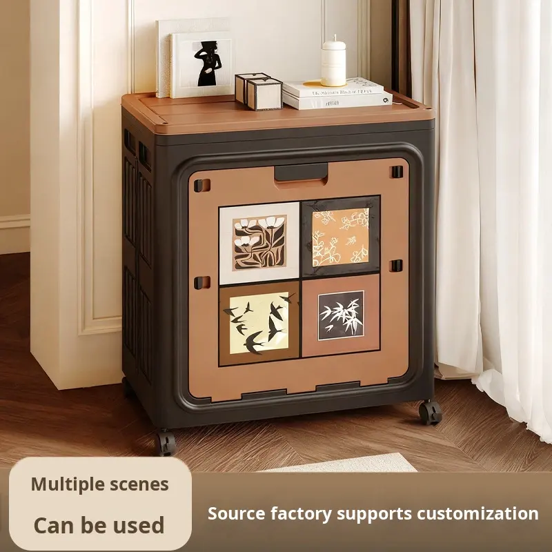 Vintage Foldable Storage Box with Double Lid and Lockable Wheels, 80 L