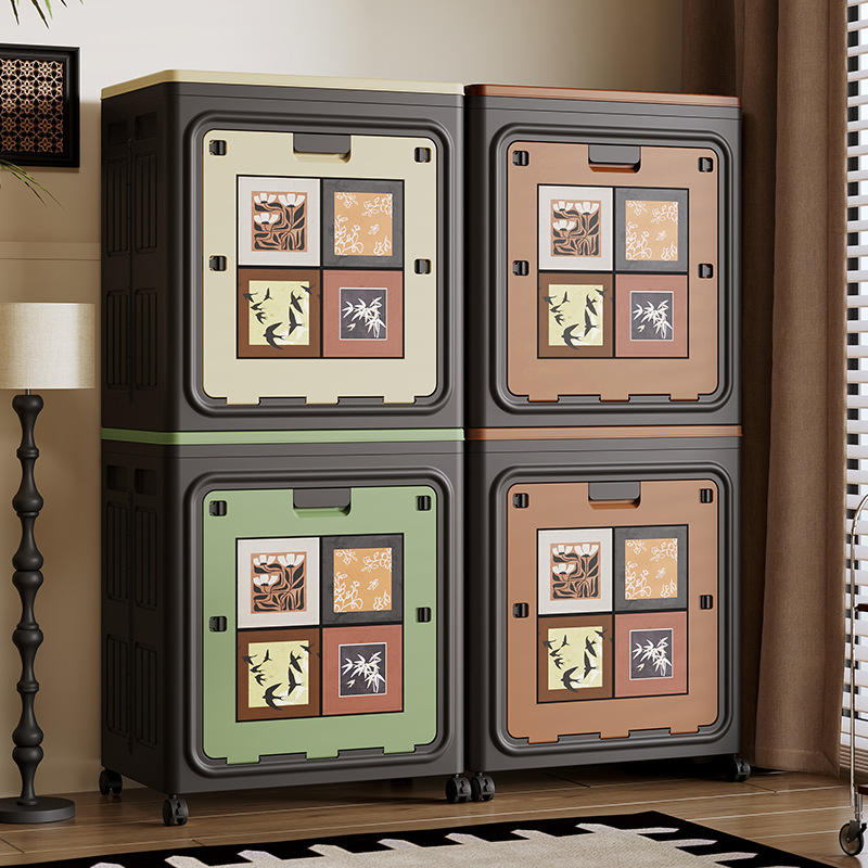 Vintage Foldable Storage Box with Double Lid and Lockable Wheels, 80 L