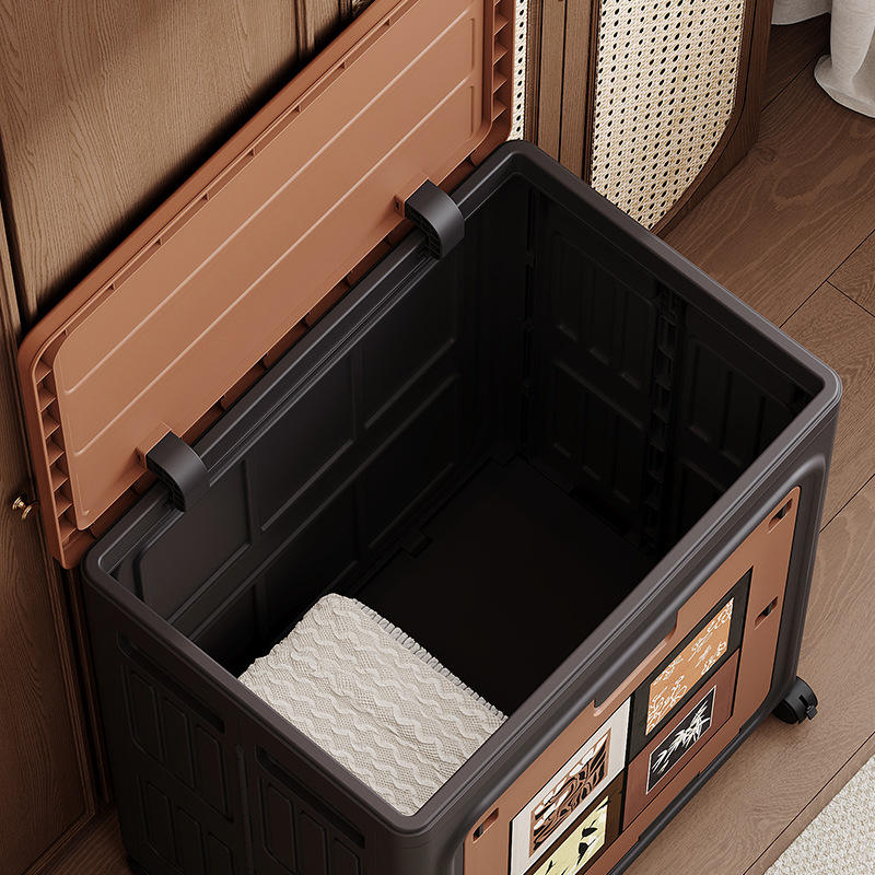 Vintage Foldable Storage Box with Double Lid and Lockable Wheels, 80 L