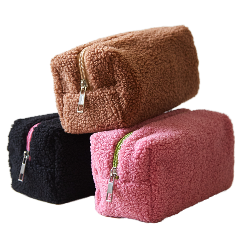 Portable Flock Makeup Bag with Teddy Bear Shape - Large Travel Cosmetic Pouch