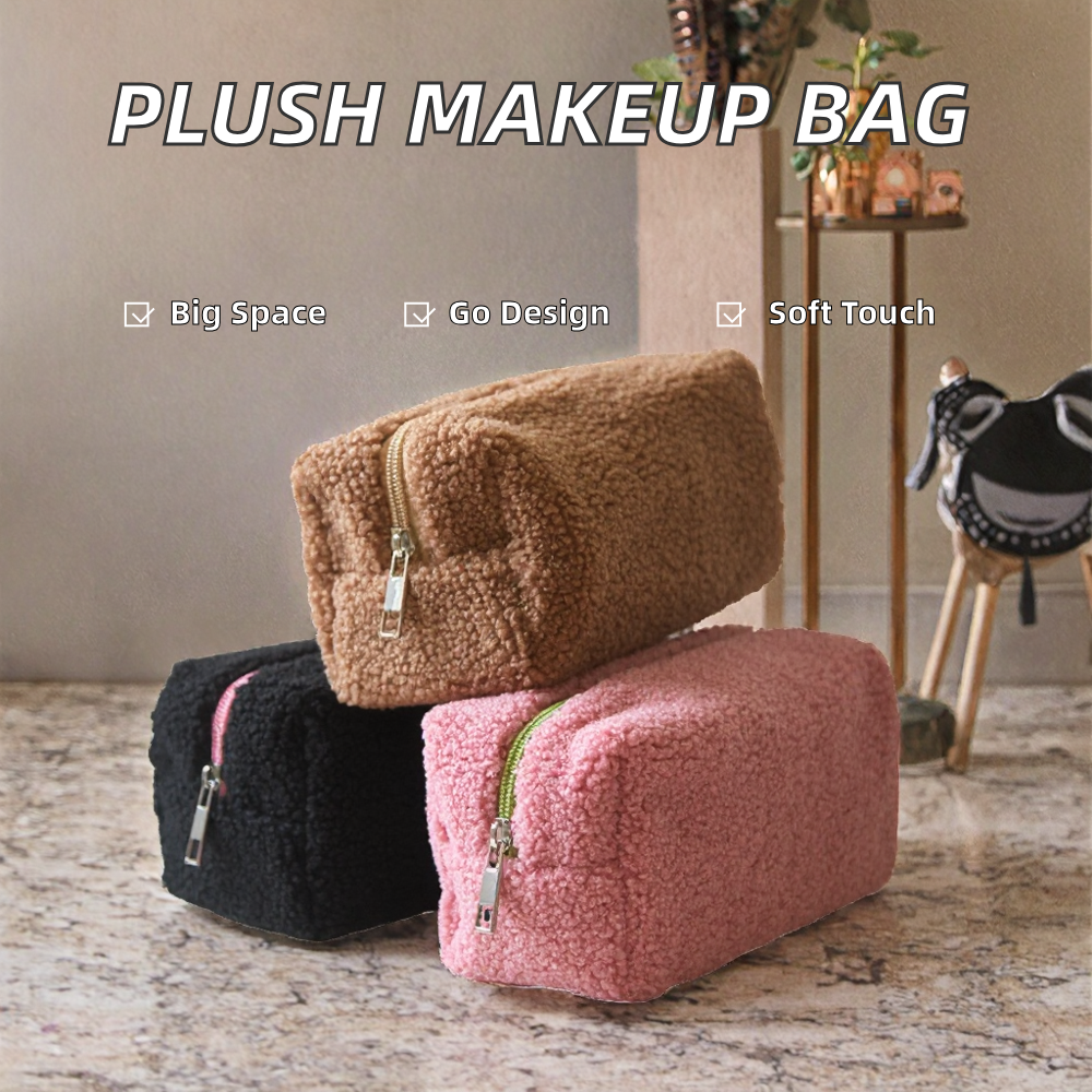 Portable Flock Makeup Bag with Teddy Bear Shape - Large Travel Cosmetic Pouch