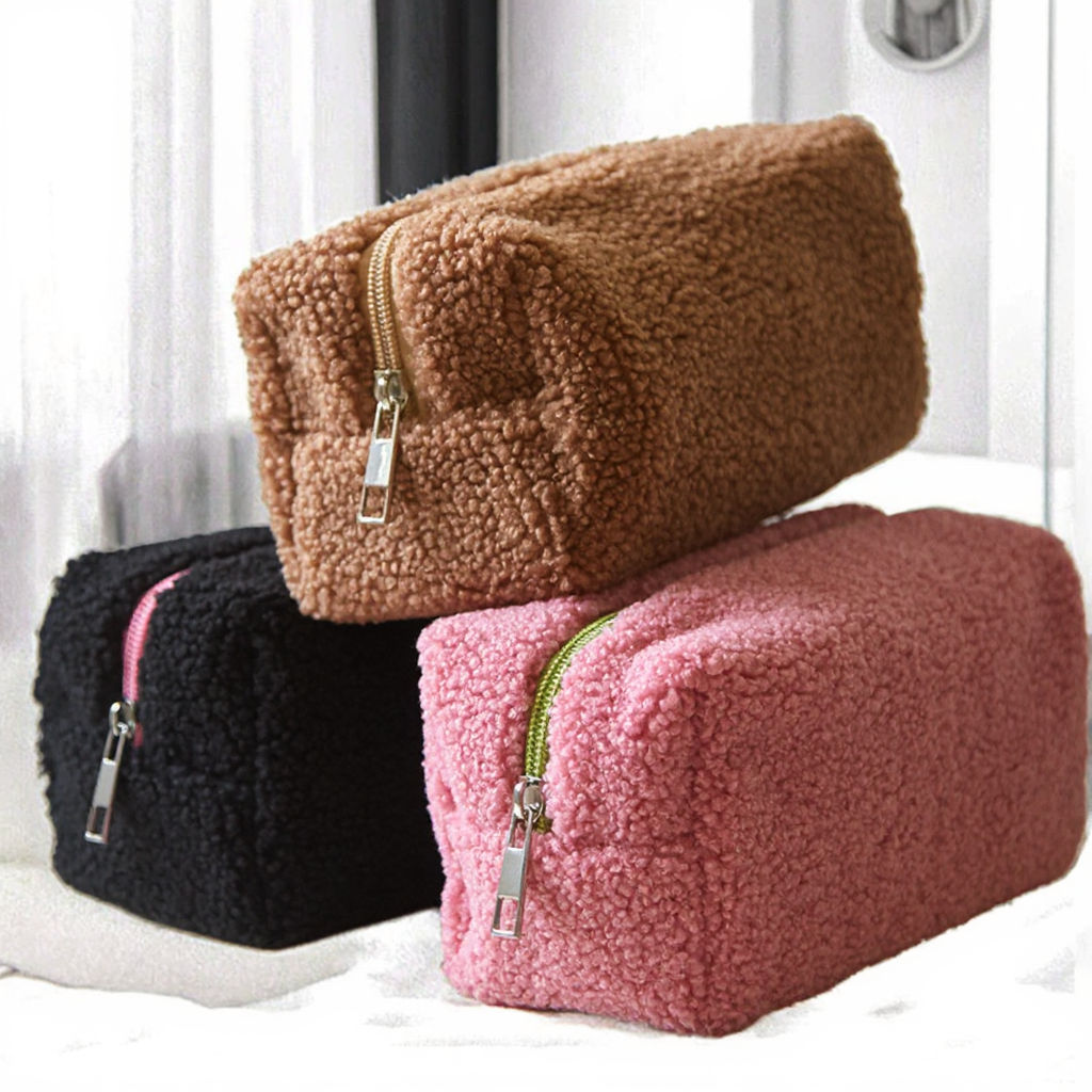 Portable Flock Makeup Bag with Teddy Bear Shape - Large Travel Cosmetic Pouch
