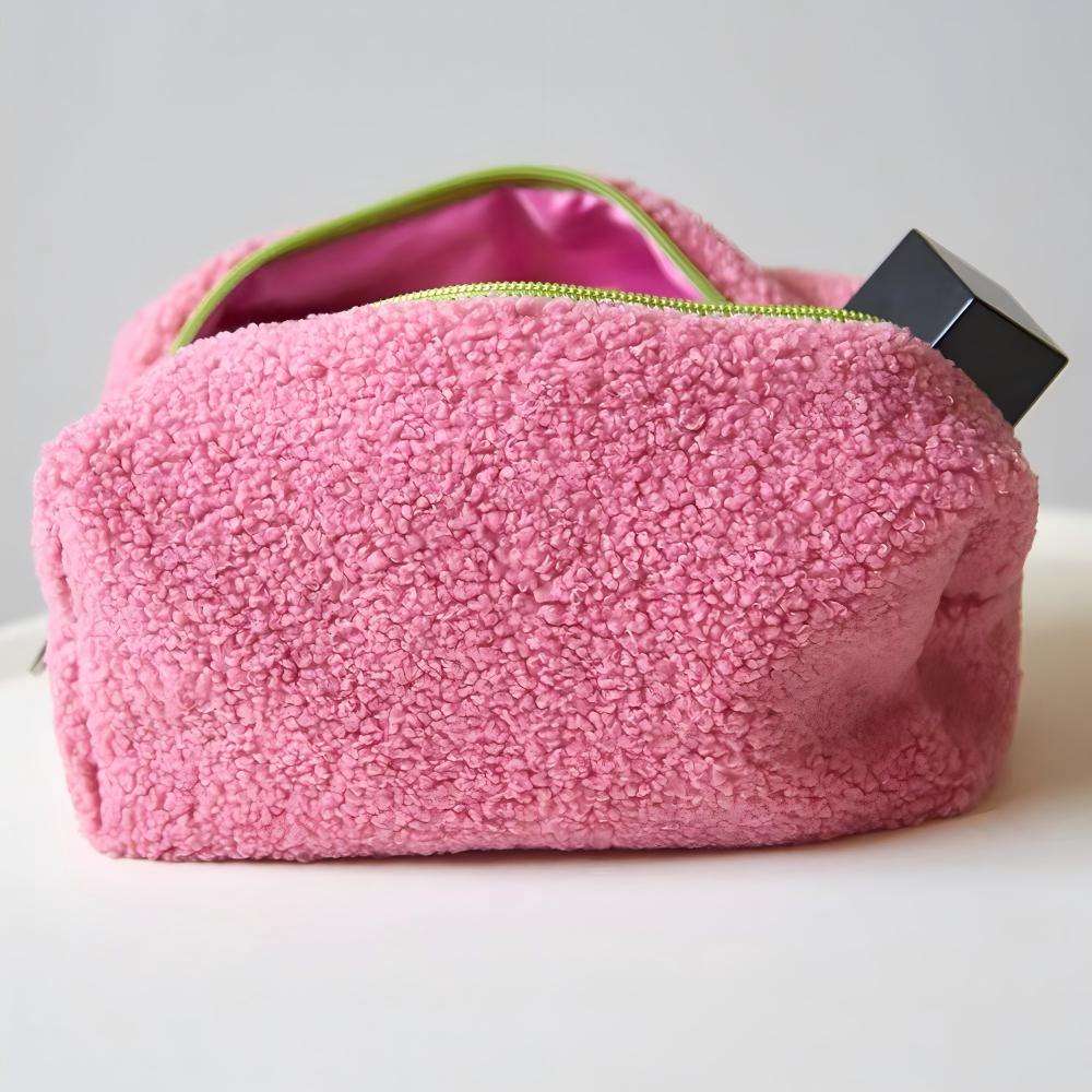 Portable Flock Makeup Bag with Teddy Bear Shape - Large Travel Cosmetic Pouch
