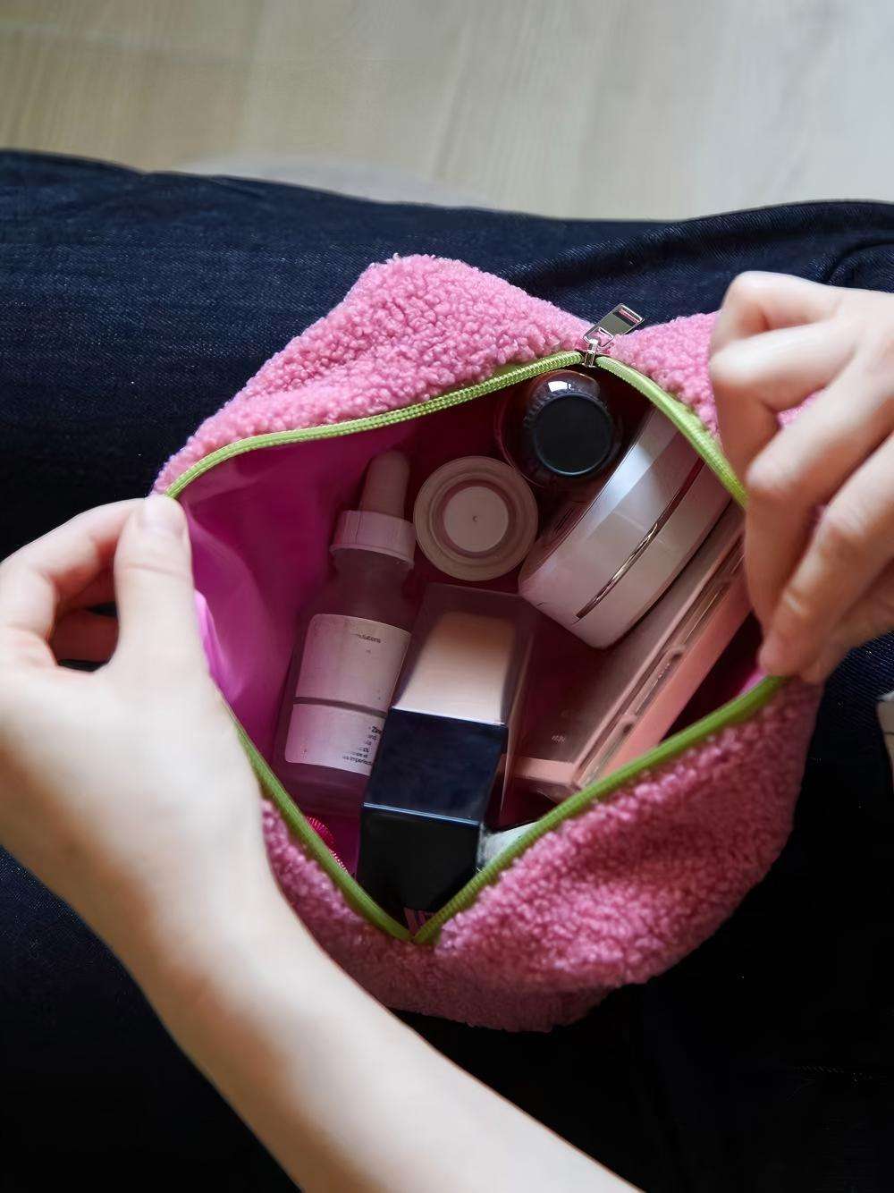Portable Flock Makeup Bag with Teddy Bear Shape - Large Travel Cosmetic Pouch