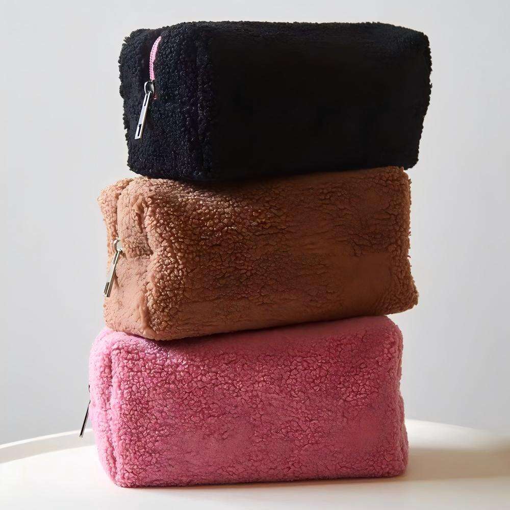 Portable Flock Makeup Bag with Teddy Bear Shape - Large Travel Cosmetic Pouch