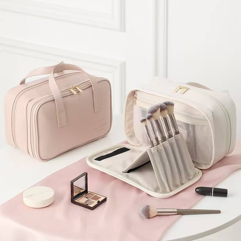 Women’s Large Capacity PU Wash Bag with Makeup Brush Storage - Travel Cosmetic Case