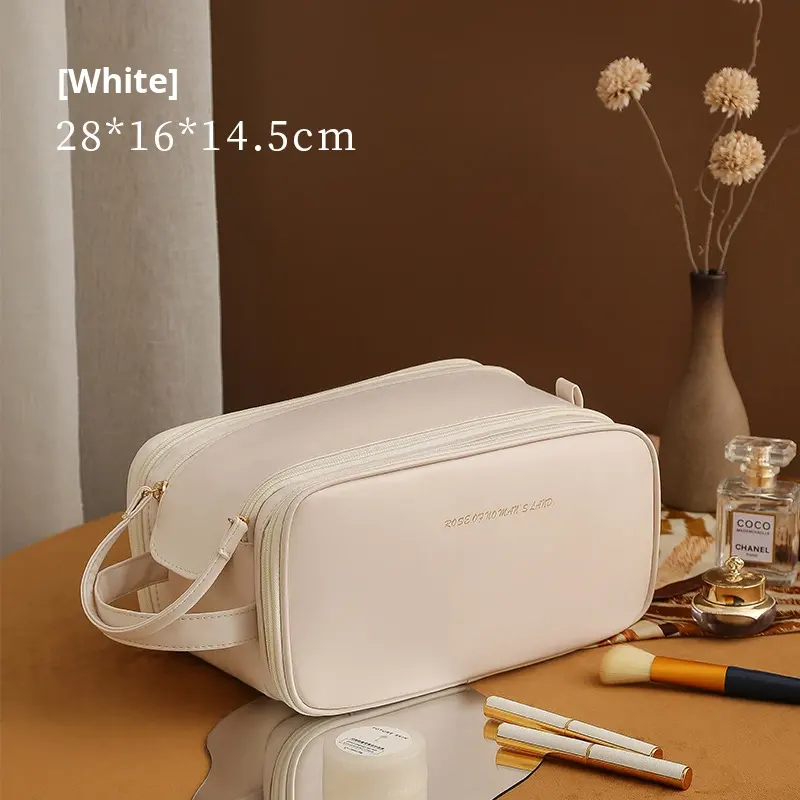 Women’s Double-Zip Double-Layer PU Makeup Bag - Washable Travel Cosmetic Case