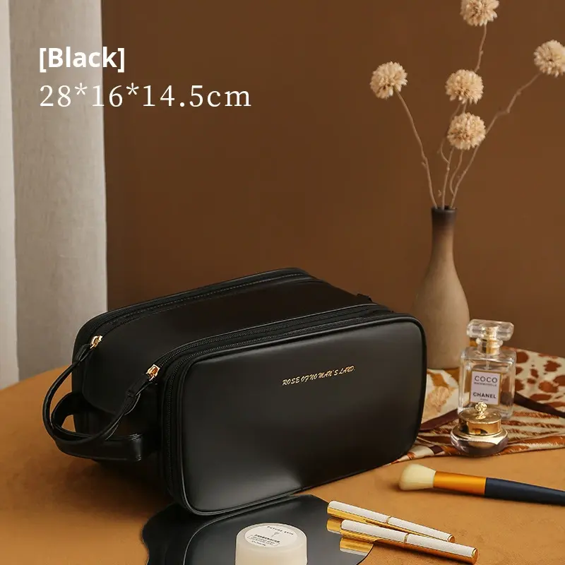 Women’s Double-Zip Double-Layer PU Makeup Bag - Washable Travel Cosmetic Case