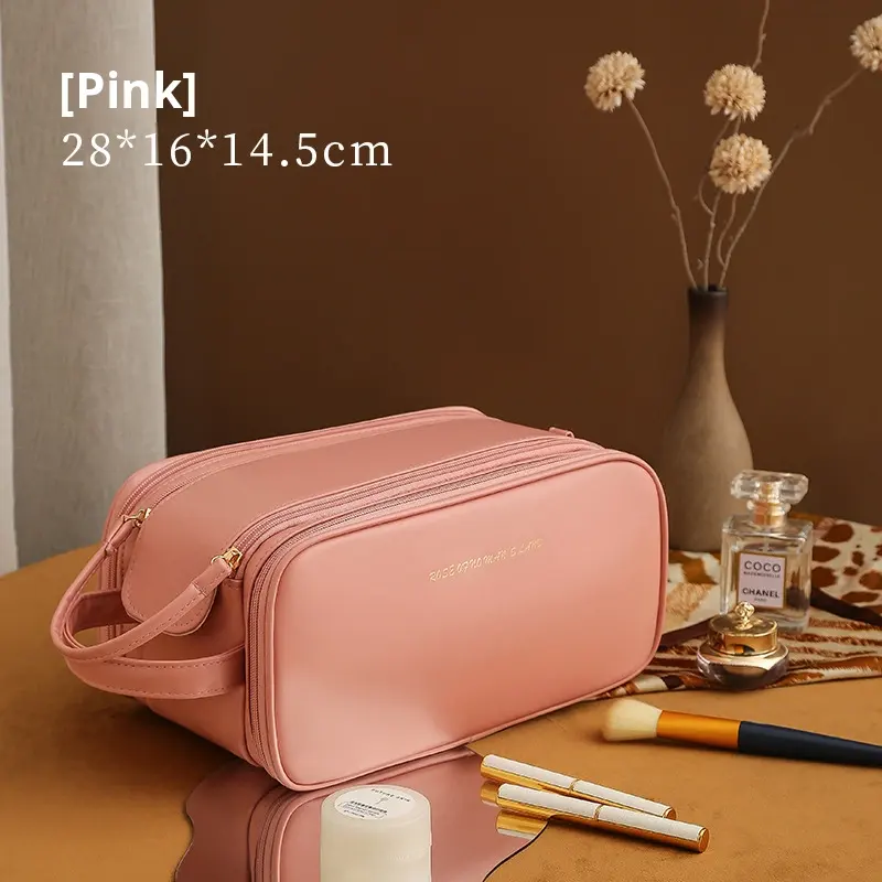 Women’s Double-Zip Double-Layer PU Makeup Bag - Washable Travel Cosmetic Case