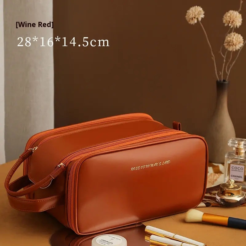 Women’s Double-Zip Double-Layer PU Makeup Bag - Washable Travel Cosmetic Case