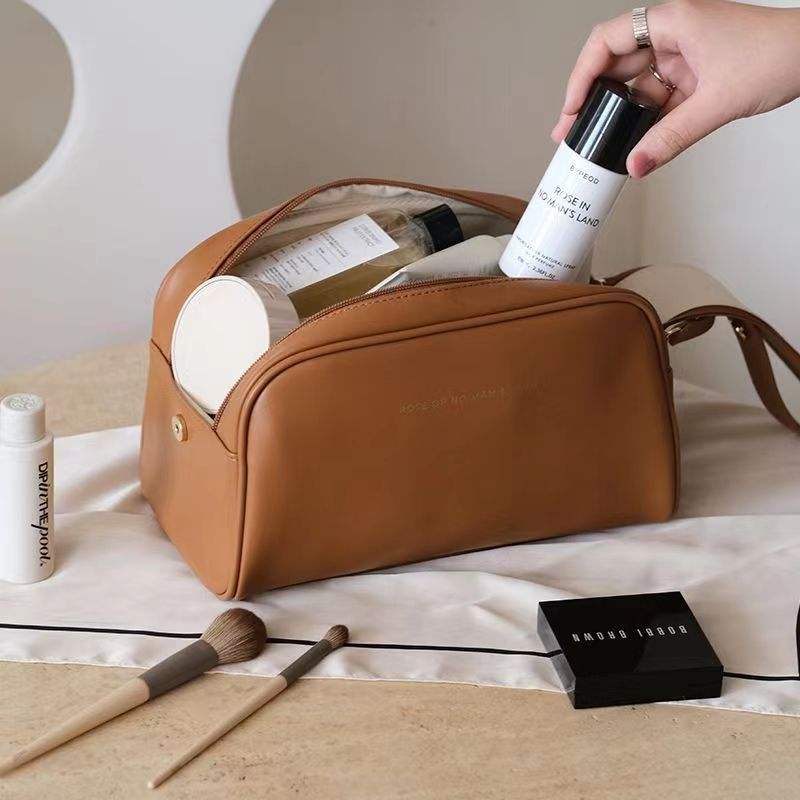 Women’s Double-Zip Double-Layer PU Makeup Bag - Washable Travel Cosmetic Case